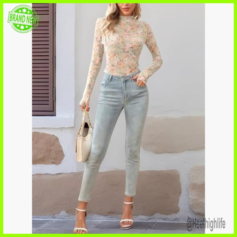 Floral Lace Mesh Long Sleeve Top, Slim Fit Sheer Mock Neck Shirt - Picture 6 of 6